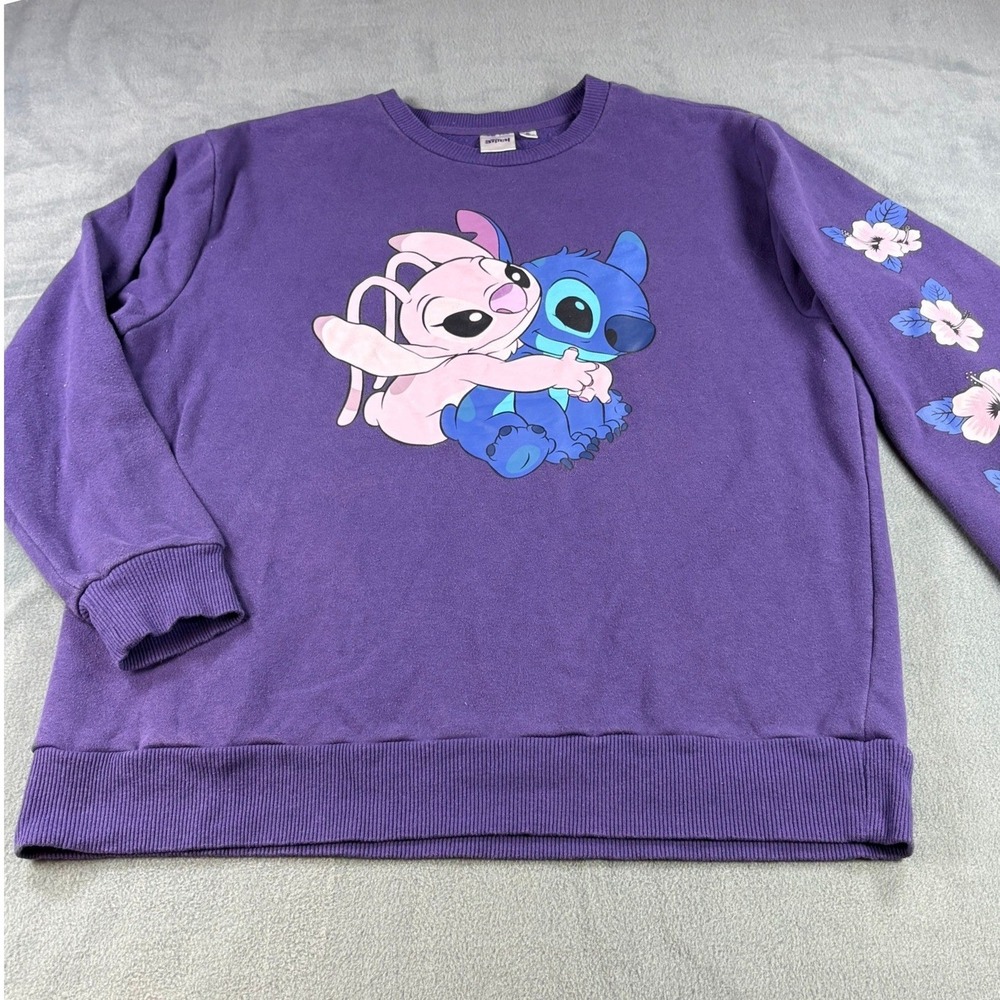 Disney‎ Stitch and Angel Purple Crewneck Sweatshirt Hibiscus Sleeve XL